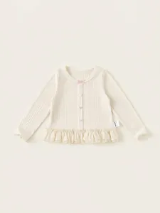 Sweet cream baby girls long sleeve cardigan with heart buttons and lace trim