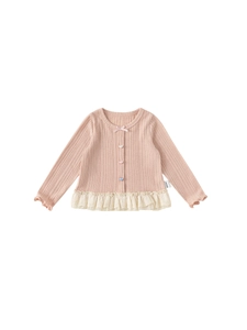 Toddler girl long sleeve knit cardigan with heart buttons and lace hem in soft pink