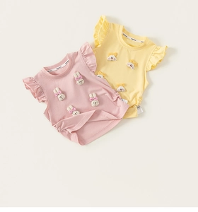 Detail of baby girls' cotton tank tops with 3D bunny patches and ruffle sleeves