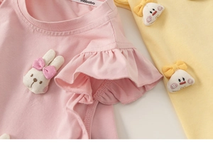 Detail of girl's summer cotton t-shirts with ruffle sleeves and cute 3D cartoon patches