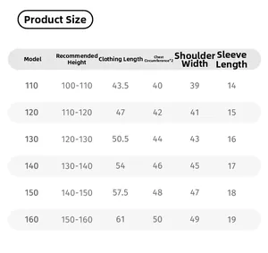 Detailed size guide for boys' summer short-sleeve T-shirt with height and length chart