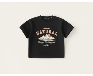 Close-up of boys black cotton t-shirt with mountain landscape print and natural text