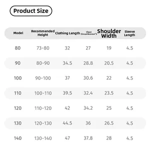 Detailed size chart for girls' t-shirt with height, length, and chest measurements