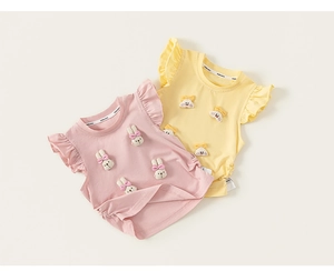 Close-up of ruffled flutter sleeves and 3D bunny appliqués on colorful cotton tees