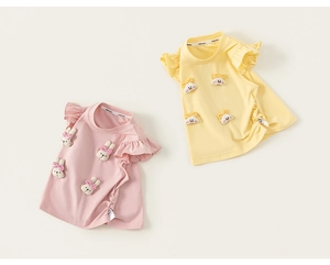 Detail of summer kids t-shirts with ruffle sleeves and 3D bunny appliques in pink and yellow