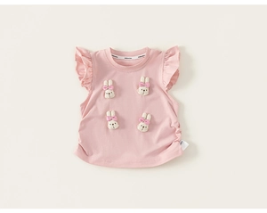 Detailed view of pink toddler top with ruffled fly sleeves and 3D bunny patches