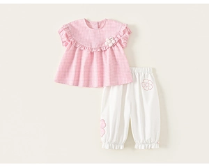 Detailed flat lay of toddler girl pink plaid top with ruffle sleeves and white floral pants