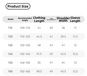 Detailed size chart for children's short sleeve t-shirts with measurements in centimeters
