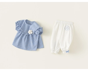 Detail of baby girl gingham top with ruffle sleeves and matching white pants set