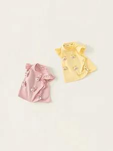 Girls cotton T-shirts with ruffle sleeves and cute rabbit patch in pink and yellow colors
