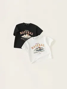 Boys Casual Cotton Blend Short Sleeve T-Shirt Retro Nature Mountain Letter Print Round Neck Summer Tee Top For Kids