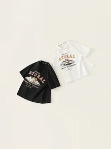 Boys short sleeve cotton t-shirt with natural mountain graphic print in black and white