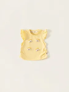 Vibrant yellow cotton sleeveless tee for girls with cute bear appliques and ruffle trim