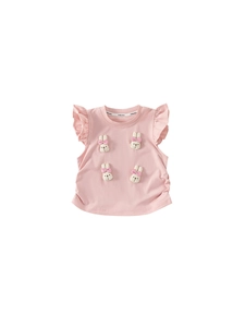 Pink sleeveless cotton t-shirt for girls featuring 3D plush bunnies and flutter sleeves
