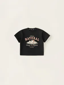 Boys black cotton T-shirt with outdoor mountain print and natural slogan for summer