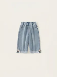 Jeans en Denim pour Filles Pantalons à Jambes Droites avec Patch Lapin Dessin Animé Taille Élastique Décontracté Bleu Clair