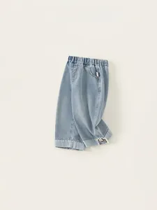 Pantalon en jean bleu clair pour filles avec taille élastique et détail lapin mignon