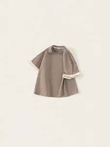 Kids minimalist t-shirt with ruffled lace sleeves in taupe and beige cotton