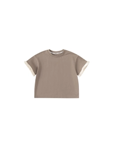Kids brown short sleeve t-shirt with elegant cream ruffled cuffs and premium cotton fabric