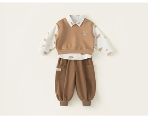 Detailed flat lay of children's 3-piece bear print shirt, knit vest and casual trousers