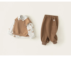 Close-up of boys' stylish 3-piece set with bear print shirt, vest, and cargo pants