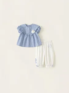 Girls Summer 2-Piece Plaid Set Short Sleeve Ruffle Top and White Casual Pants Sweet Cotton Blend Floral Outfit for Kids