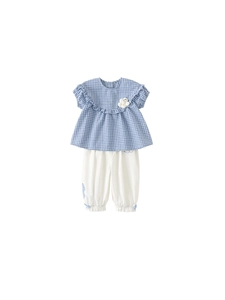Girls' summer set with blue checkered ruffle top and white lantern pants outfit