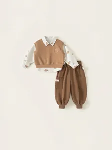 Boys Casual 3-Piece Clothing Set Cotton Bear Print Shirt Embroidered Vest Cargo Pants Spring Autumn Outfit