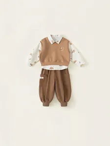 Three-piece boy suit with bear-print shirt, brown embroidered knit vest and long trousers