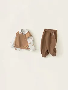 Boys' casual spring set with bear print shirt, knitted vest and cuffed pants