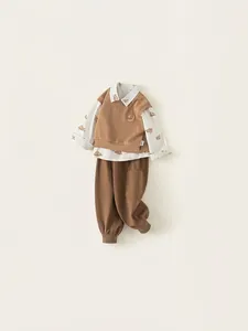 Three-piece boy clothing set with bear print shirt, brown vest and jogger pants