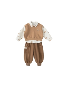 Three-piece boy clothing set with bear print shirt, vest, and cargo pants
