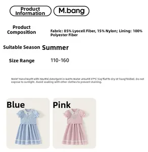 Size chart for girls summer dress set in blue and pink with lyocell fabric details