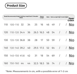 Size chart for girls Chinese style shirt and skirt set showing detailed measurements