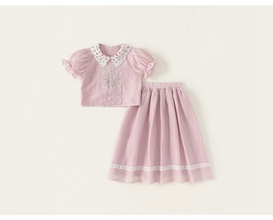 Close-up of girls' pink linen shirt with lace floral collar and pearl buttons