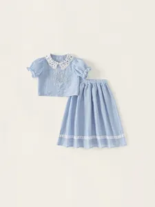 Girls Summer Lyocell Clothing Set Floral Embroidery Lace Peter Pan Collar Shirt And Skirt Two Piece Kids Elegant Outfit