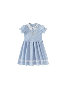 Light blue girls' summer outfit with lace collar, floral embroidery, and ruffled sleeves
