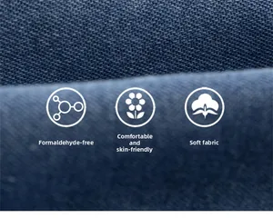 Close-up of soft denim fabric showing breathable texture and formaldehyde-free quality