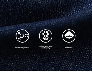 Close-up of soft, dark blue denim fabric showing skin-friendly and eco-friendly texture