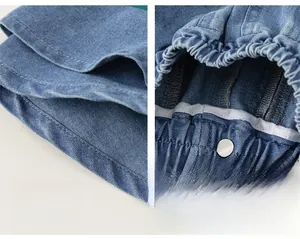 Close-up of girls denim skirt-pants showing elastic waistband and fine stitching detail