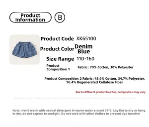 Detailed fabric composition and size chart for girls denim layered ruffle shorts