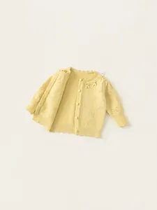 Yellow baby knit cardigan with hollow bow patterns and 3D floral appliques for spring