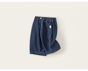 Detail of dark blue denim shorts with contrast stitching and elastic waistband