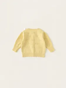 Light yellow knit cardigan for girls with butterfly hollow patterns and scalloped collar