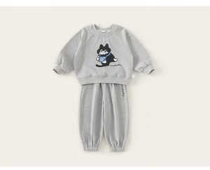 Detail of grey kids sweatshirt set with cartoon cat print and ribbed cuffs and hem