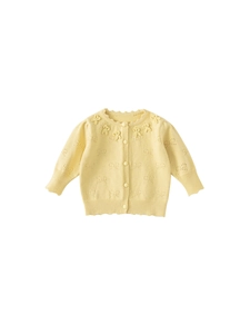 Pale yellow girls knitted cardigan with hollow bow patterns and sweet scalloped collar