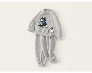 Detail of grey kids sweatshirt set with cartoon cat camera print and soft cotton texture