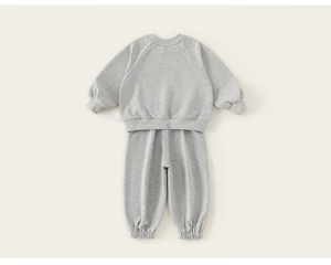 Detail view of the back of grey cotton knit infant sweatshirt and joggers set