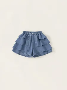 Girls Cotton Denim Skorts Summer Casual Denim Blue Triple Layer Ruffle Tiered Skirt Shorts Elastic Waist Top For Kids