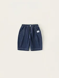 Kids Unisex Denim Shorts 100% Cotton Elastic Waist Summer Casual Solid Color Short Pants With Contrast Stitching Boys Girls Daily Wear